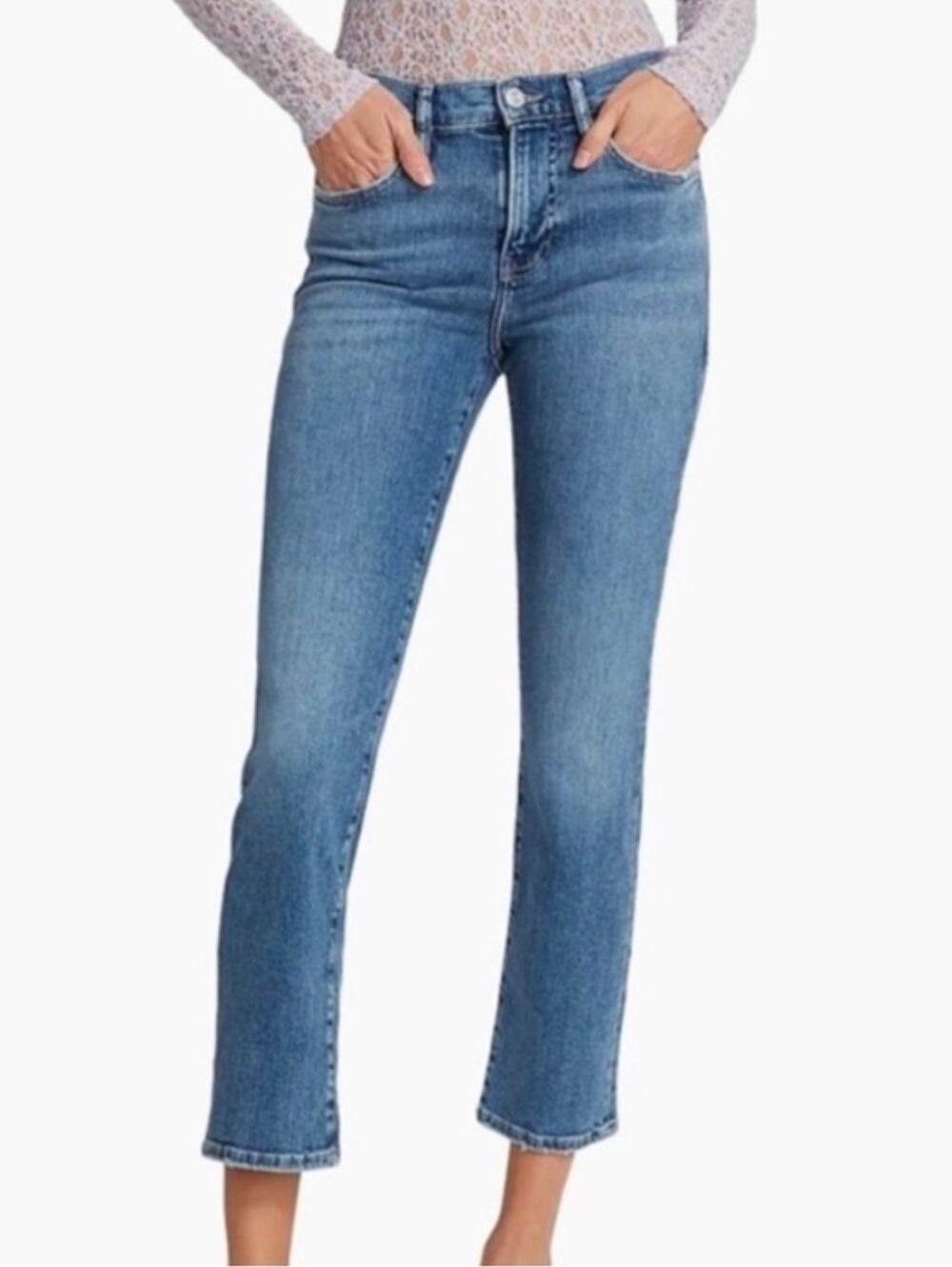 Frame Le High Straight Jeans Crossings Medium Wash Ankle Denim Stretch Size 28